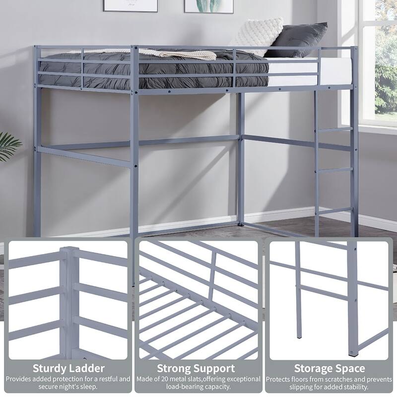 Metal Loft Bed Twin, Loft Bed Frame with Guard Rails and Flat Ladder