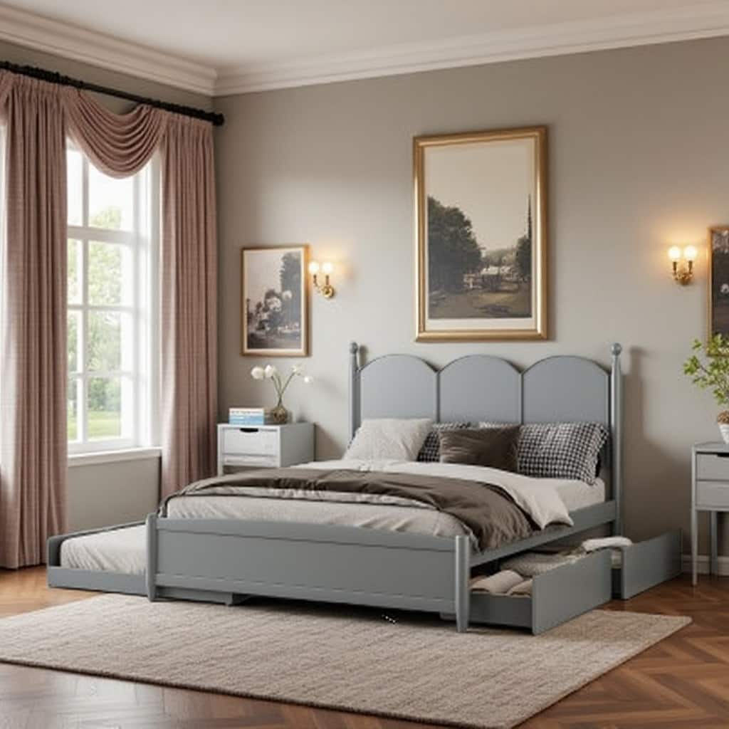 Queen Platform Bed with Twin XL Trundle and Dual Storage Drawers, Solid Wood Frame, Curved Headboard, Space-Saving