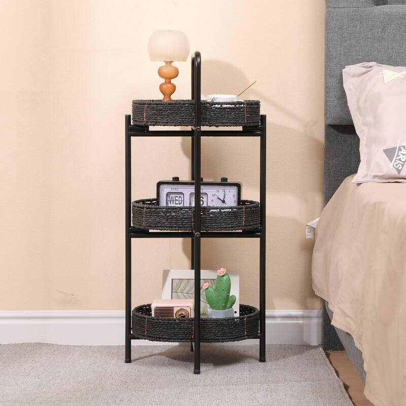 Small Handwoven Side Tables 3-Tier Oval Organizer Portable Storage Shelf