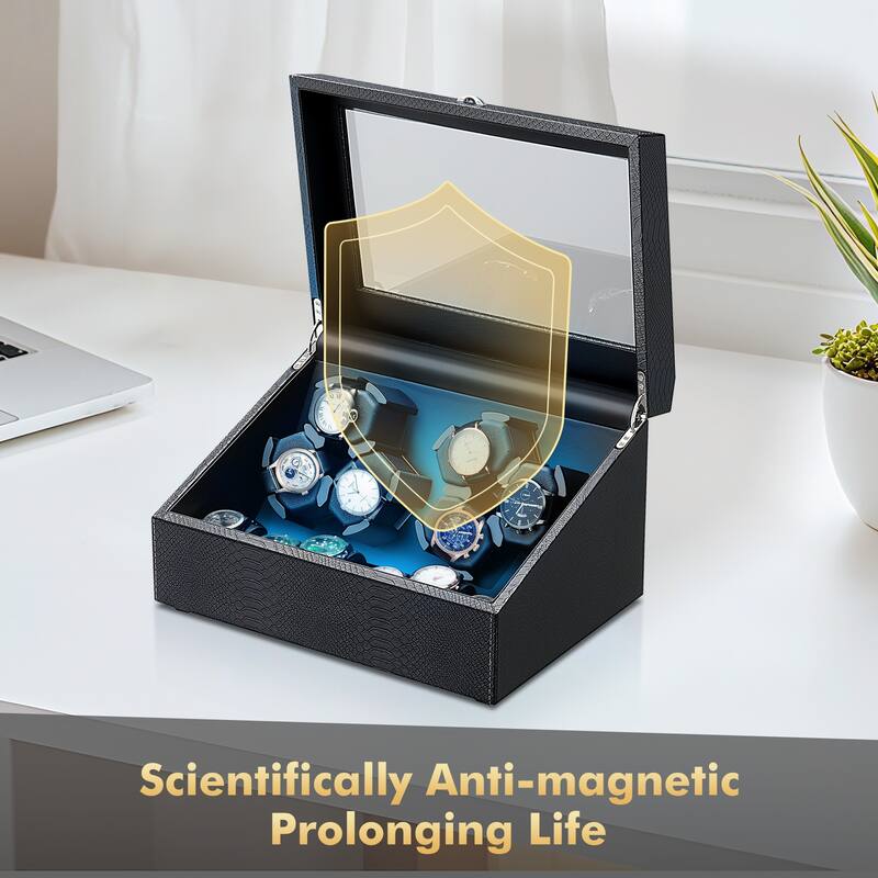 Luxury Watch Winder Box for 6 Watches with LED Lighting, Silent Motor, Memory Foam Cushions