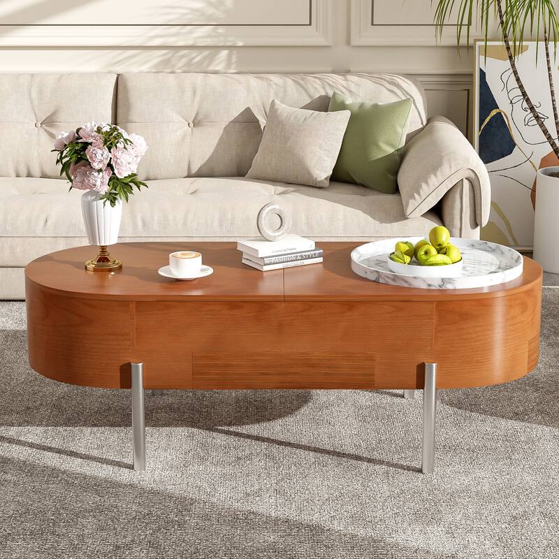 47.2" Lift Top Coffee Table with 360° Rotating Tray - Marble-Patterned Modern Oval Table with Hidden Compartment for Living Room
