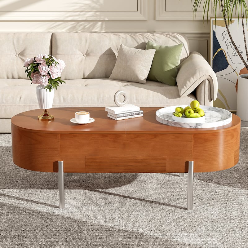 Roomfitters Lift Top Oval Coffee Table with Rotating Marble Tray and Hidden Compartment