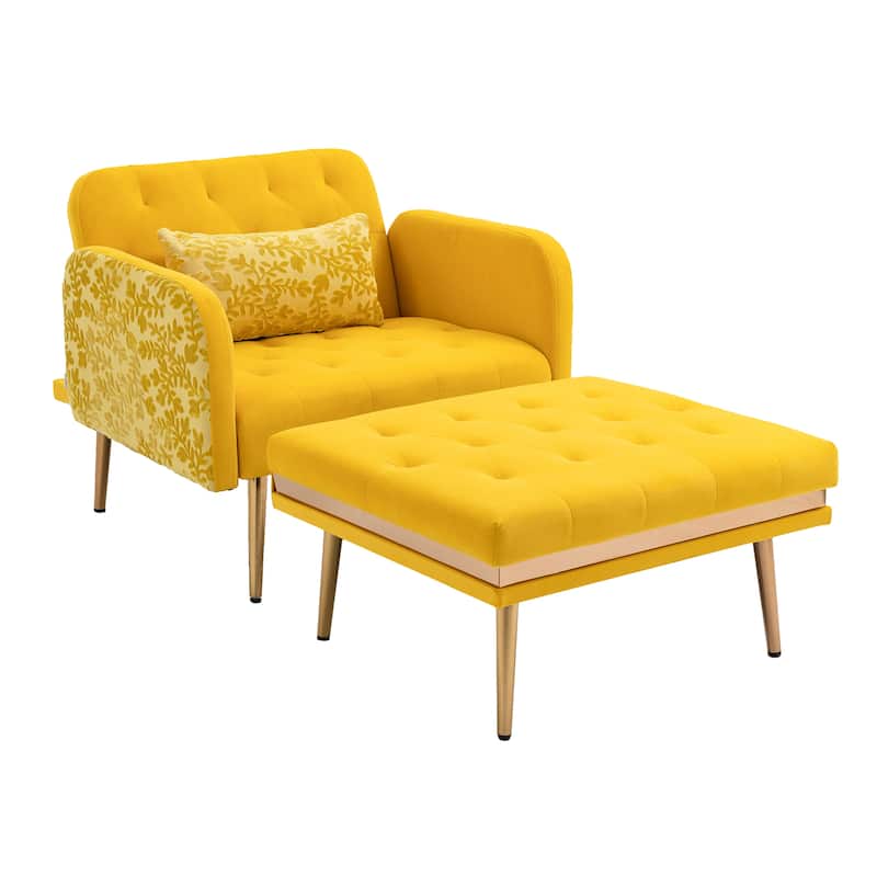 Velvet Upholstered Tufted Living Room Sleeper Chair With Ottoman