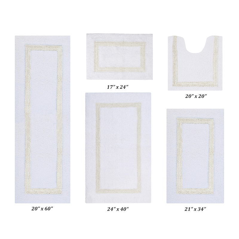 Better Trends Hotel Collection in Race Track 100% Cotton Super Absorbent Reversible Double Sided Machine Washable Bath Mat Rug - 5 PC Set 17"x24"|20"x20"|21"x34"|24"x40"|20"x60" - White & Ivory