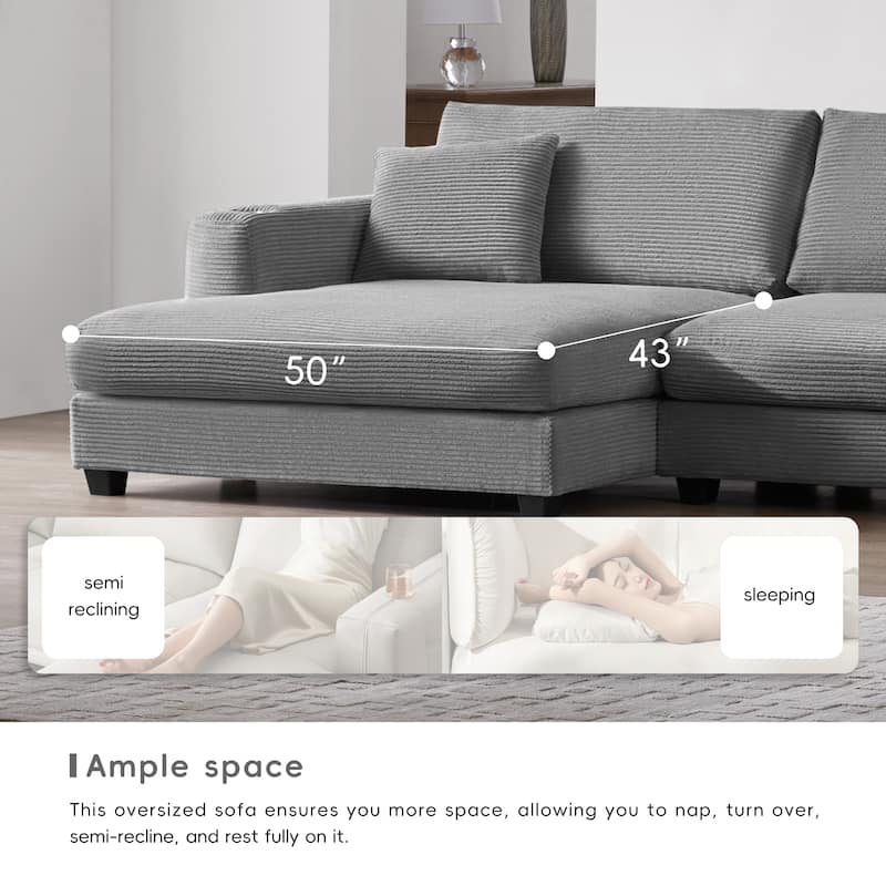 Oversized Corduroy Sectional Sofa with Chaise and USB Port