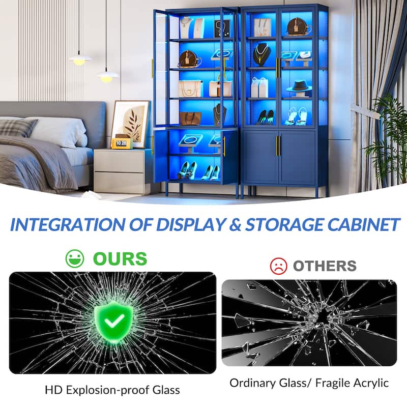 6-Tier Tempered Glass Curio Display Cabinet with 4 Doors, Adjustable Shelves, 13 Color Lights