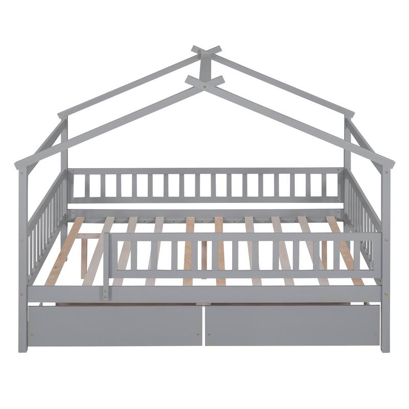 Full Size Wooden House Bed with Two Drawers and Solid Pine Frame