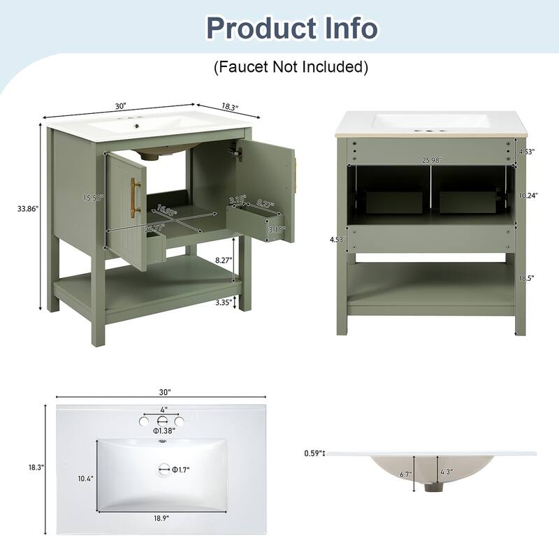 30-Inch Bathroom Vanity with Ceramic Sink and Versatile Storage