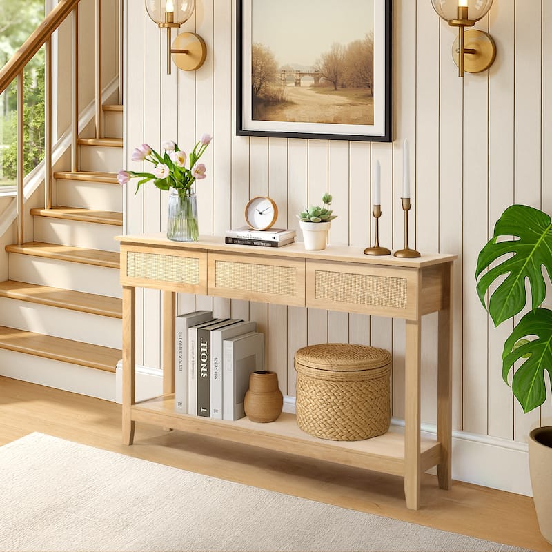 Natural Wood MDF Rattan Inspired Console Table with 3 Drawers and Shelf - 51.2 x 11.8 x 32 in