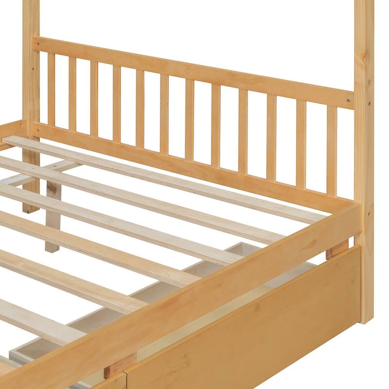 Full Size Wooden House Bed with Drawers, Natural Finish, Sturdy Pinewood Construction