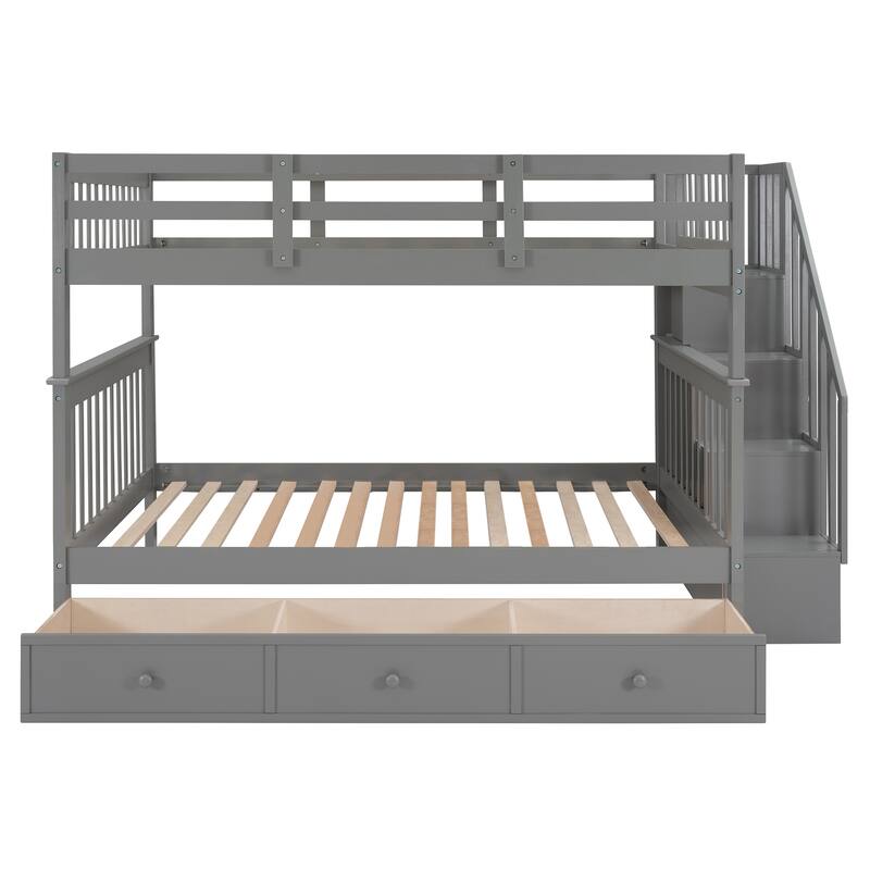 Versatile Full Over Full Bunk Bed Convertible 2 Individual Full-size Beds with Drawer, Stairway, Open Storage and Guard Rail