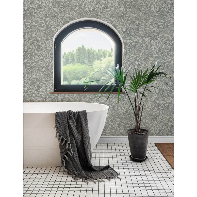 A-Street Prints Rhythmic Grey Leaf Wallpaper