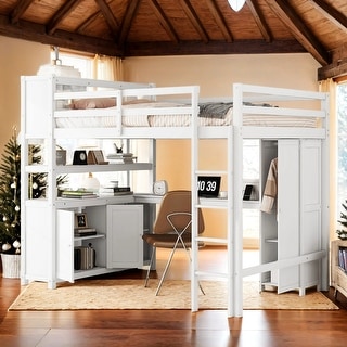Wood Full Size Loft Bed with Cabinet and Bookshelf,Wardrobe and Desk,Kids Bed Design