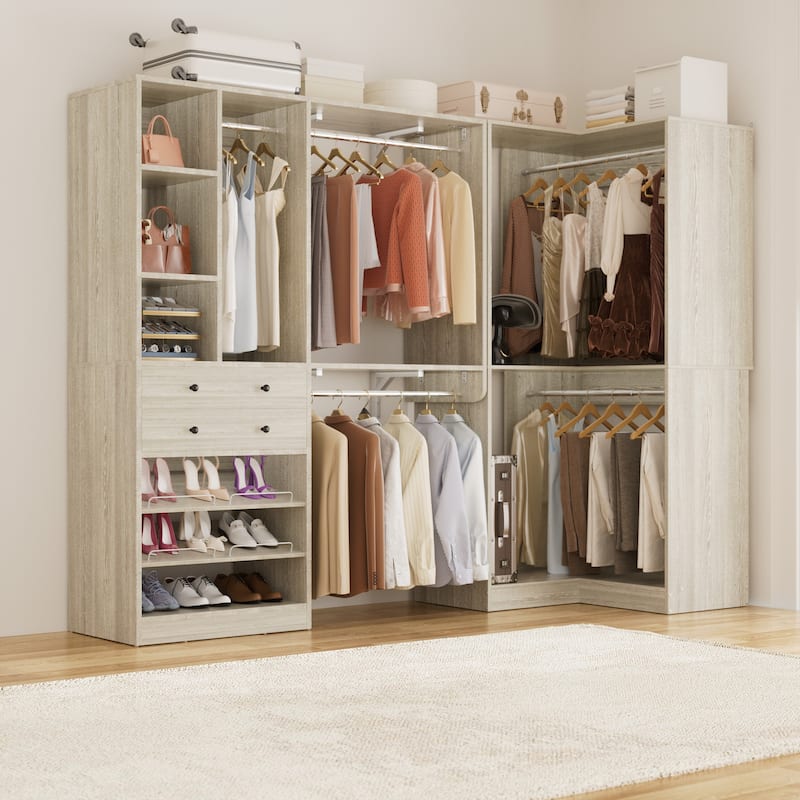 Rackcog Freestanding Corner Closet System Set, Closet Organizer with Hanging Rods and Drawers - 90.5'' W - Washed Oak