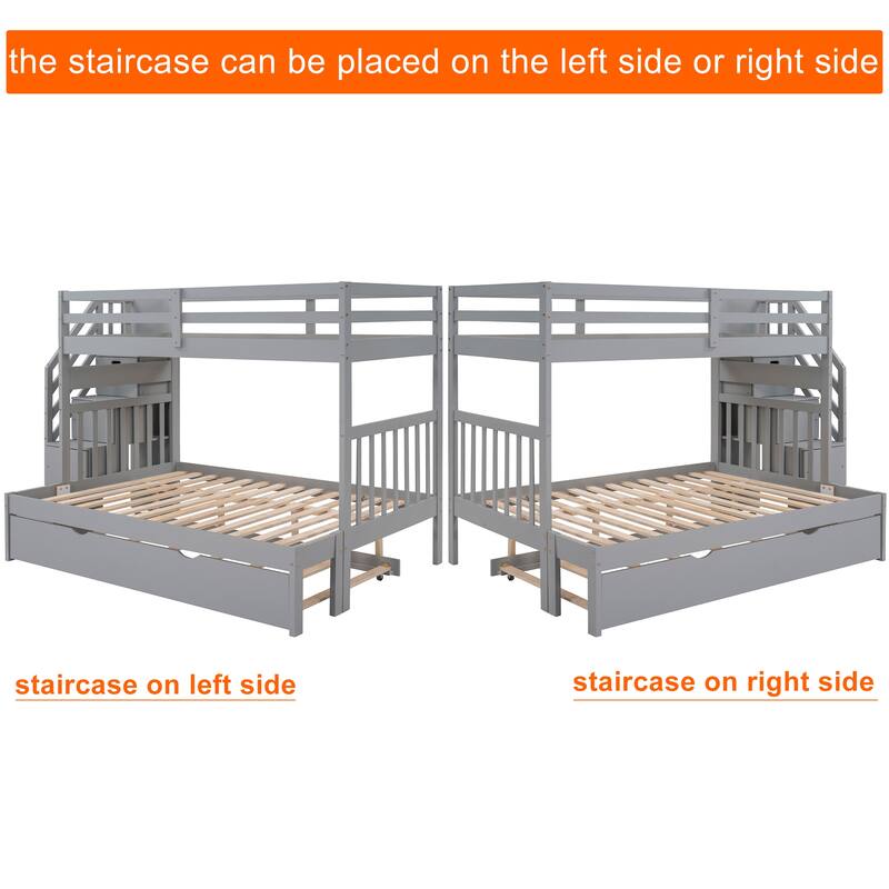 Stairway Twin Over Twin/Full Bunk Bed with Trundle, Drawers and Guardrails, Convertible Bed Frame into 2 Beds for Multi Children