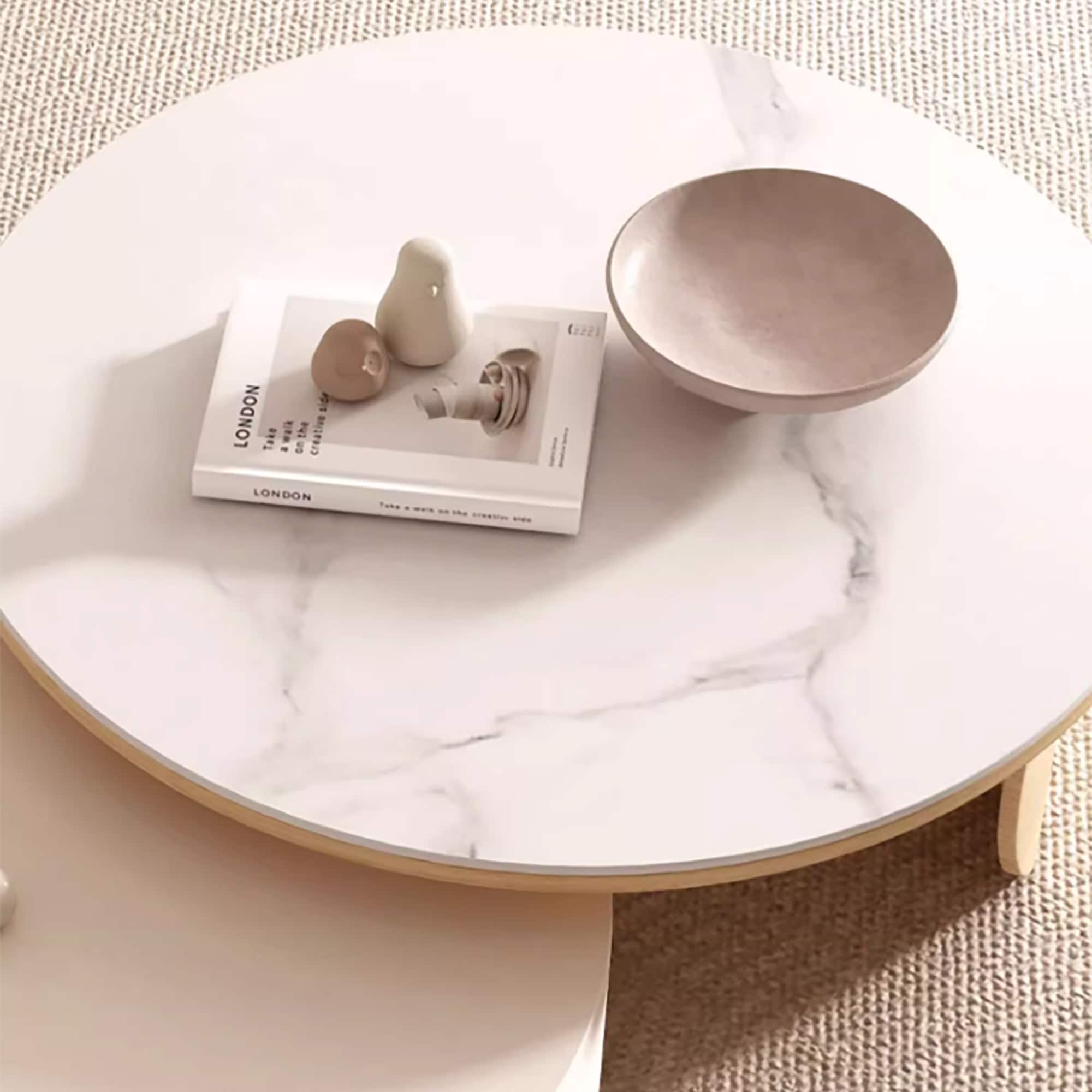 Modern Round Coffee table, Stone Table-top, Natural Wood - 50" x 31.5"