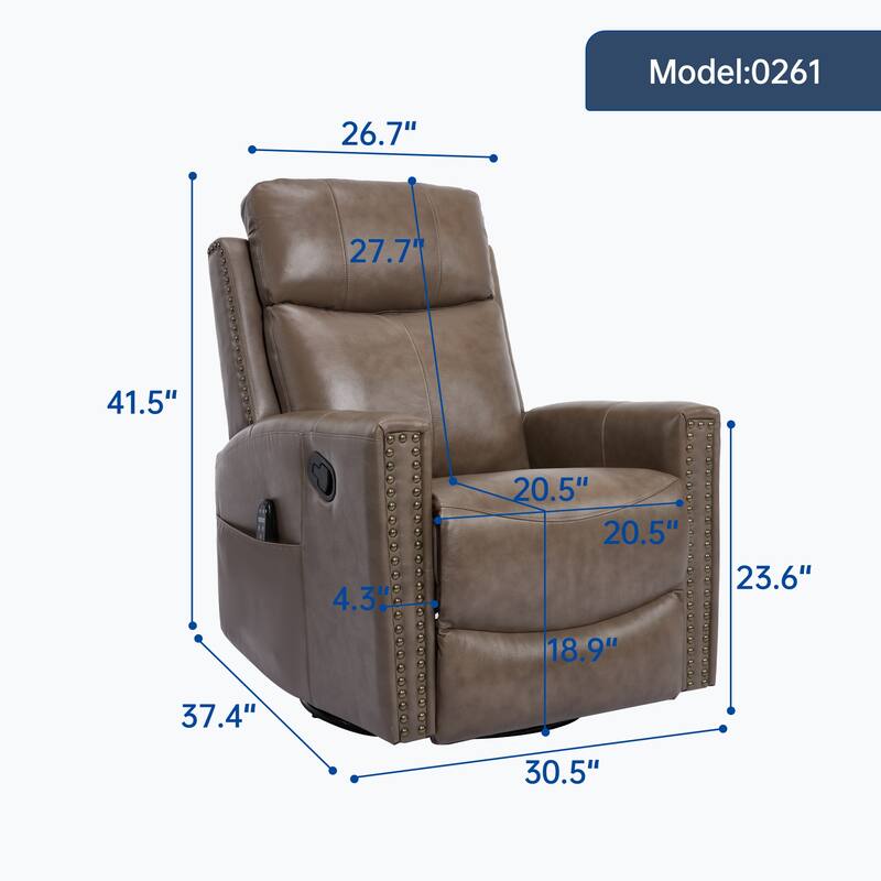 One Piece Genuine Leather Recliner Chair with Massage Heat Rocker and Swivel