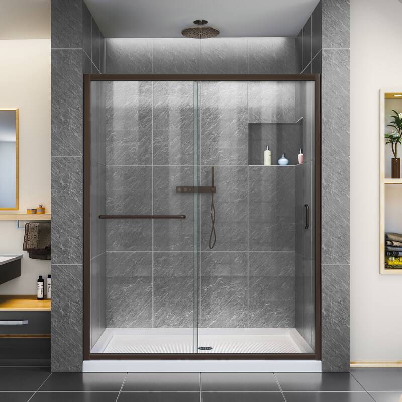 DreamLine Infinity-Z 36 in. D x 60 in. W x 74 3/4 in. H Sliding Shower Door and Shower Base Kit - 36" x 60" - 36" x 60" - Oil Bronze, White Base, Center Drain