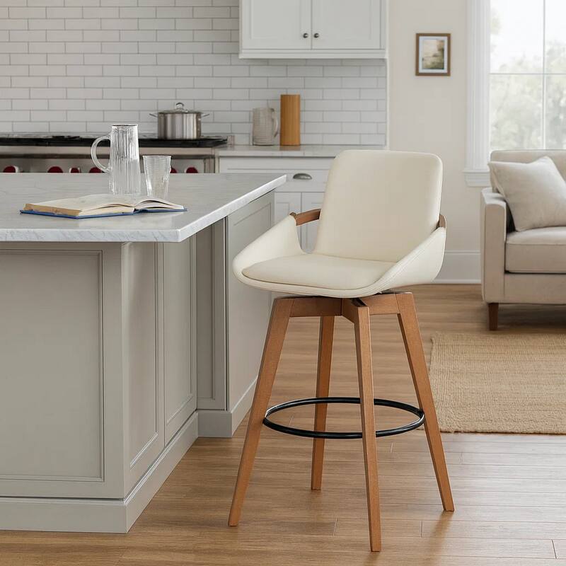30 Inch Leatherette Swivel Barstool, Cream and Walnut