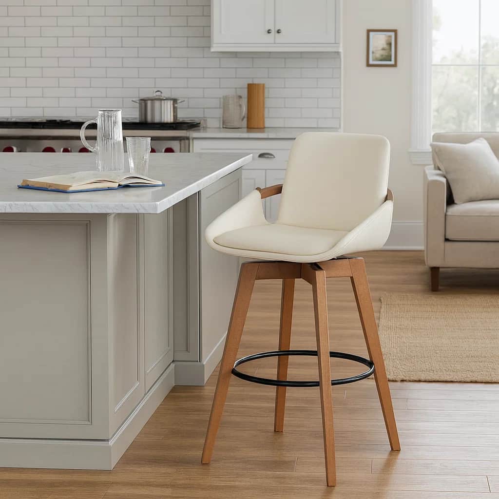 30 Inch Leatherette Swivel Barstool, Cream and Walnut