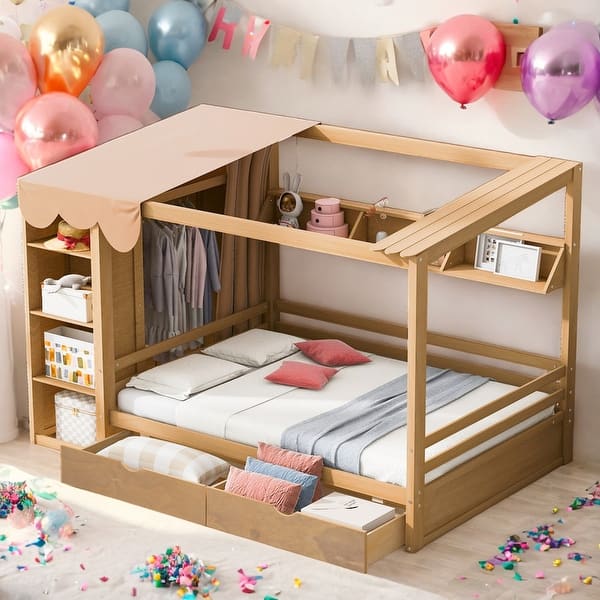 slide 2 of 15, Full size House Bed with Two Drawers and Built-in Wardrobe for Home Natural
