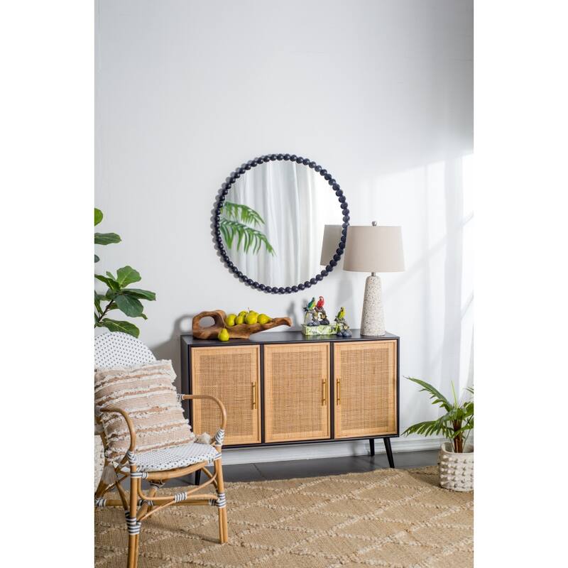 32" Round Wall Mirror with Metal Beaded Frame in Black
