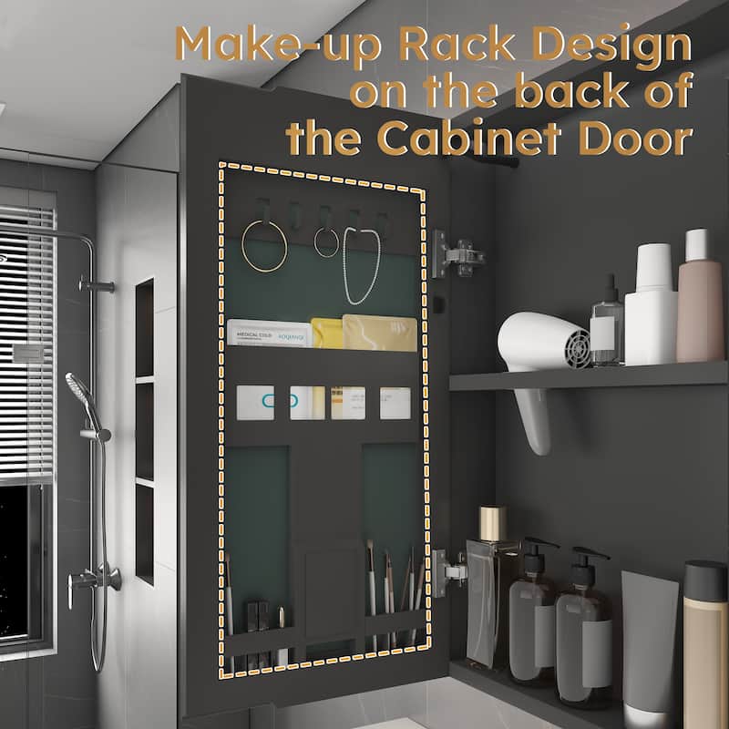 Mirror Cabinet with 3 Colors LED Light,Defogging and Hair Dryer Holder