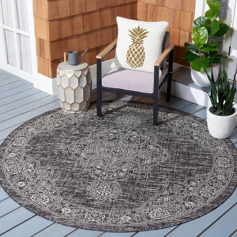 SAFAVIEH Courtyard Suseela Indoor/ Outdoor Waterproof Patio Backyard Rug - 6'7" Round - Grey/Black