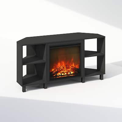 Furinno Jensen No Heat Decorative Electric Fireplace Corner TV Stand for TV up to 55 Inch with 4 Open Compartments