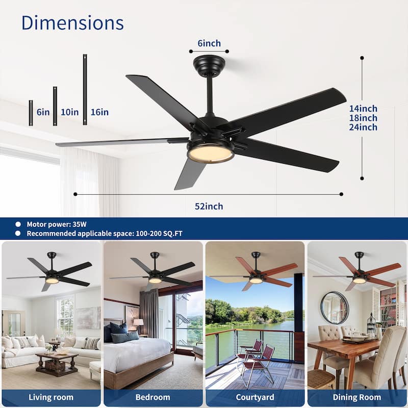 52in Ceiling Fans with Lights, Black Modern Ceiling Fan with Remote, Farmhouse Indoor Ceiling Fan, Bright LED Light