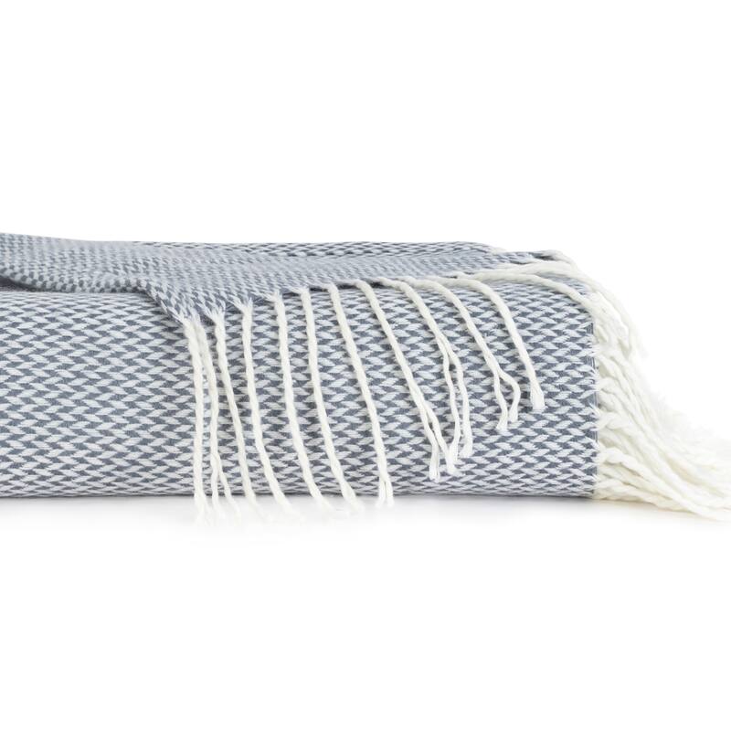Becky Cameron Throw Blanket Herringbone with Fringed Edges - Dusk Blue