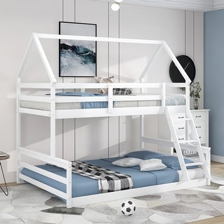 Distinctive Twin over Full House Bunk Kids Bed with Ladder,Roof