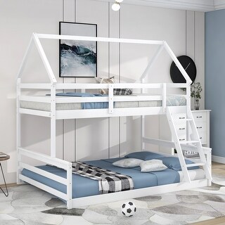 White/Grey Twin Over Full Bunk Bed with House Roof and Ladder ...