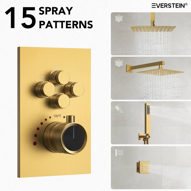 Thermostatic Dual Shower Head System ,12" High-Pressure Rainfall Shower Faucet with 4-Function Sprays