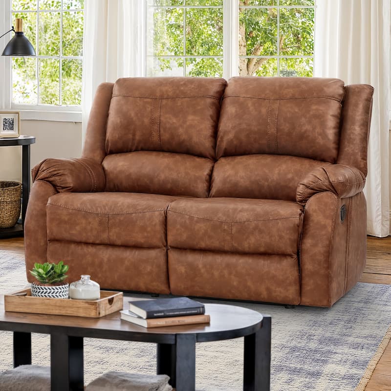 Manual Recliner,Faux Leather Reclining Sofa Set, 2-Seater Reclining Sofas For Living Room - 59"W X 37.4"D X 39.8"H - light brown