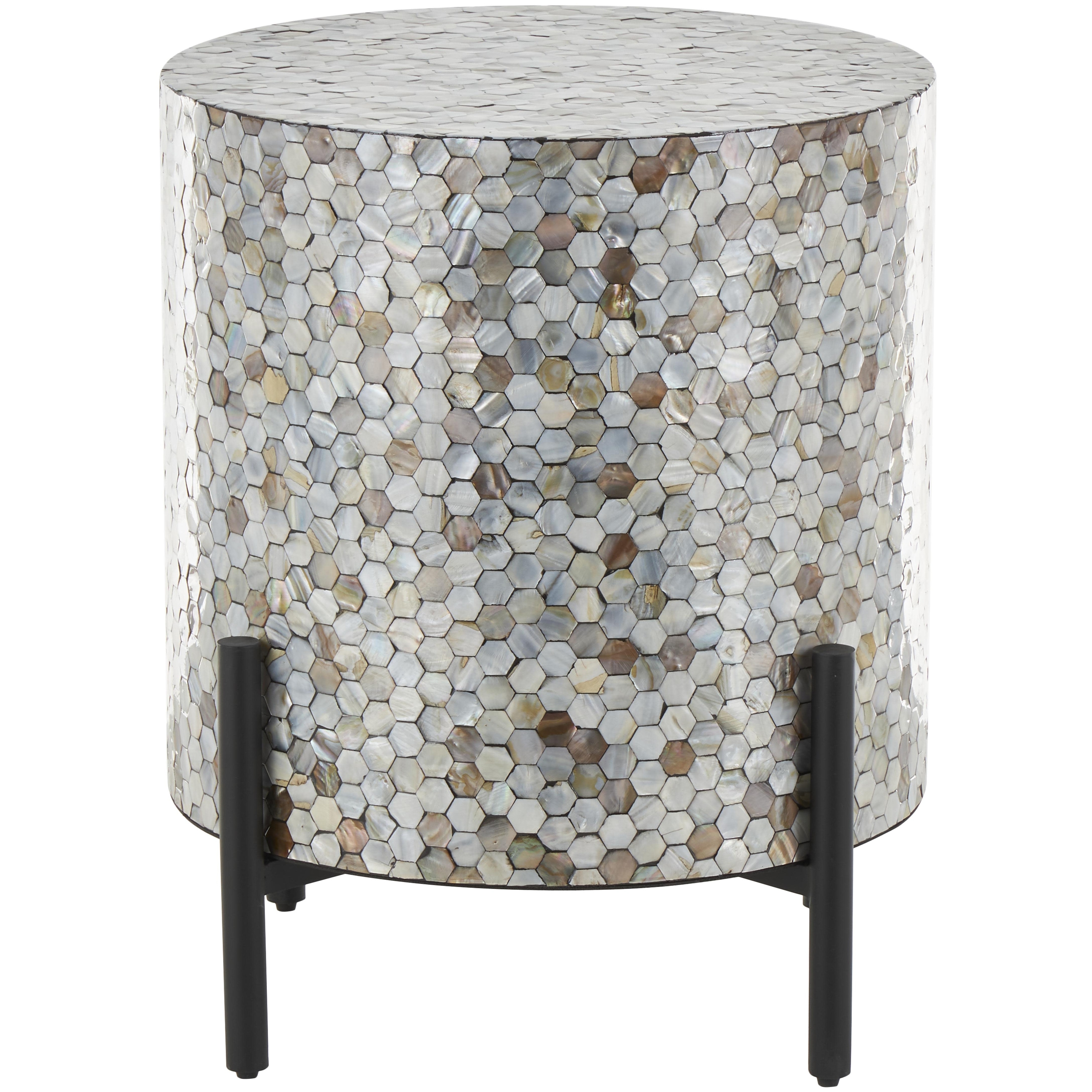 Roche River Decor - Mother of Pearl Shell Handmade Mosaic Accent Table with Black Metal Legs - Multi Colored