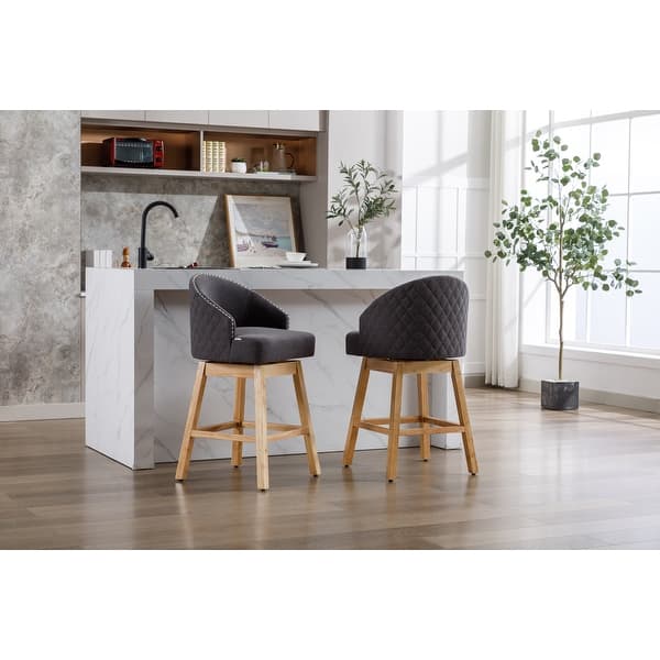 2 Pc Linen Swivel Bar Stools Ergonomic Dining Chair with Nailhead Bed