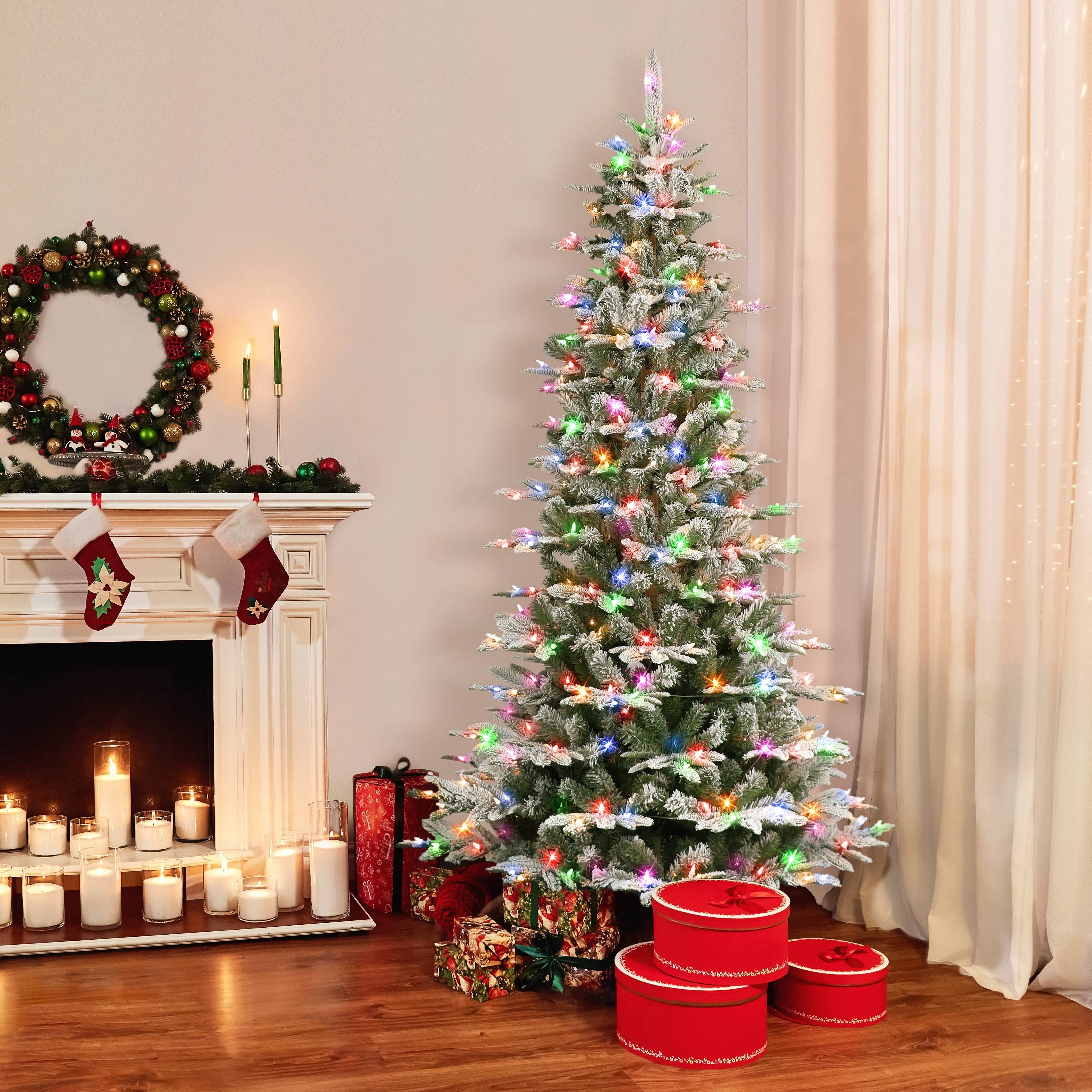 Puleo International 7.5 ft. Prelit Slim Flocked Aspen Fir Tree Bed