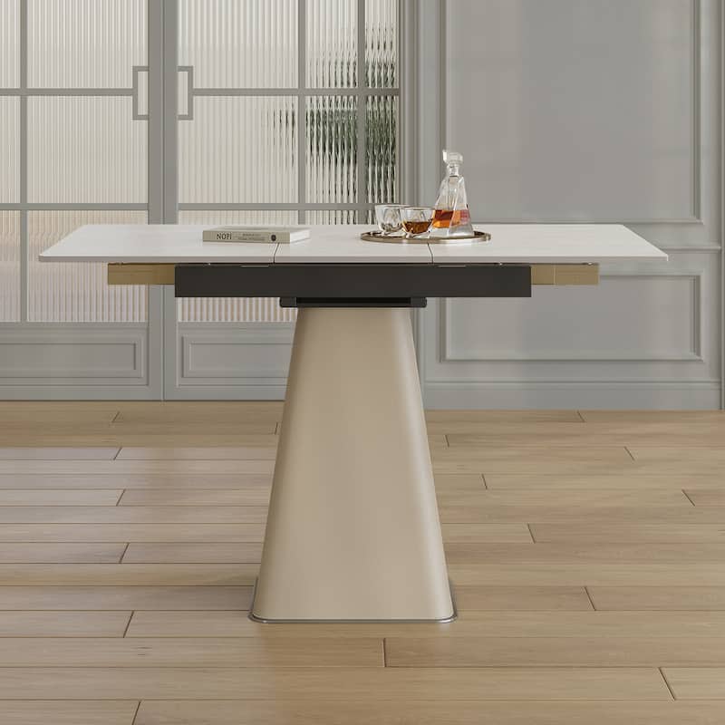 Retractable Home Office Table, Folding Dining Table, Expandable Kitchen Table with Leather-Wrapped Base