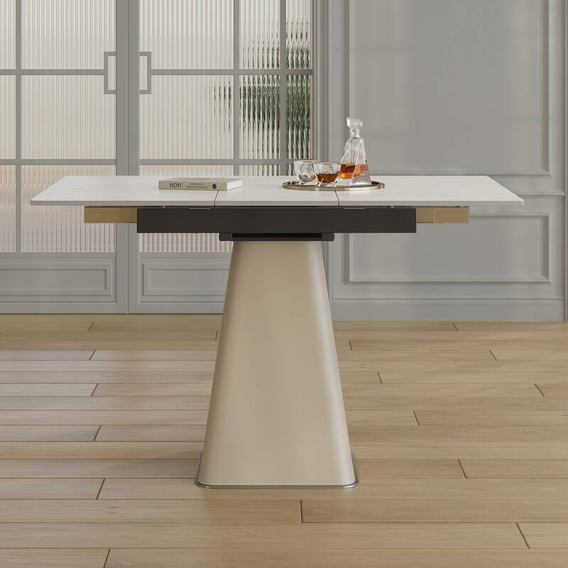 Roomfitters Retractable Sintered Stone Dining Table, Square Base, Expandable Desk & Leather Pedestal