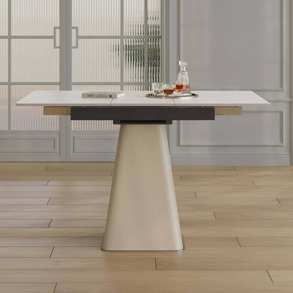 Roomfitters Retractable Sintered Stone Dining Table, Square Base, Expandable Desk & Leather Pedestal