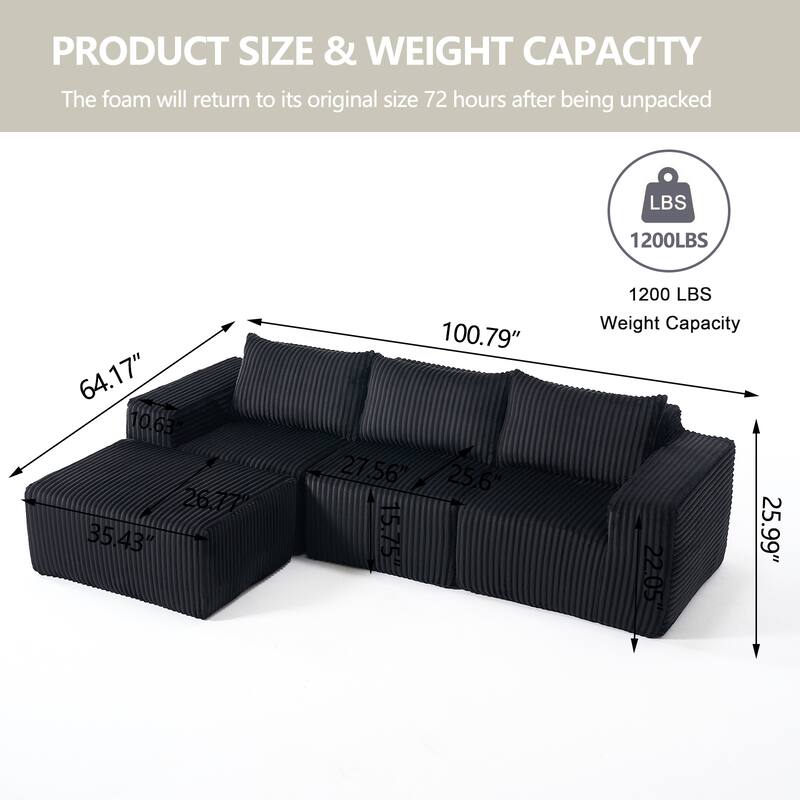 Minimalist Modular Corduroy Cloud Couch, L-shaped Sectional Sofa with Deep Seats and Ottoman Chaise Lounge for Living Room