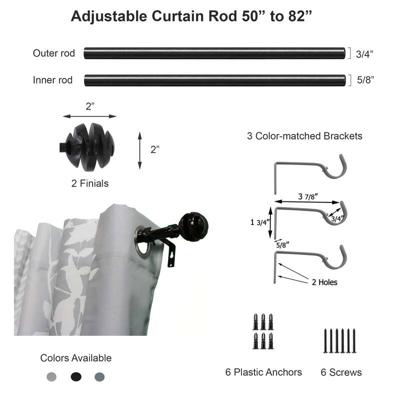 Adjustable Single Curtain Rod 50"-82" with Spiral Finials and Brackets - 50" to 82" L x 3/4" D