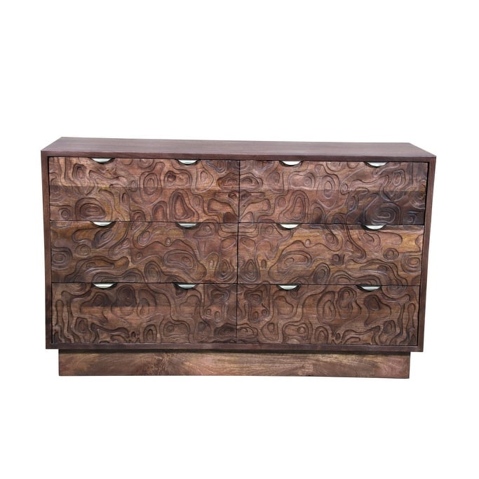 HomeRoots 57" Brown Carved Abstract Solid Wood Six Drawer Dresser