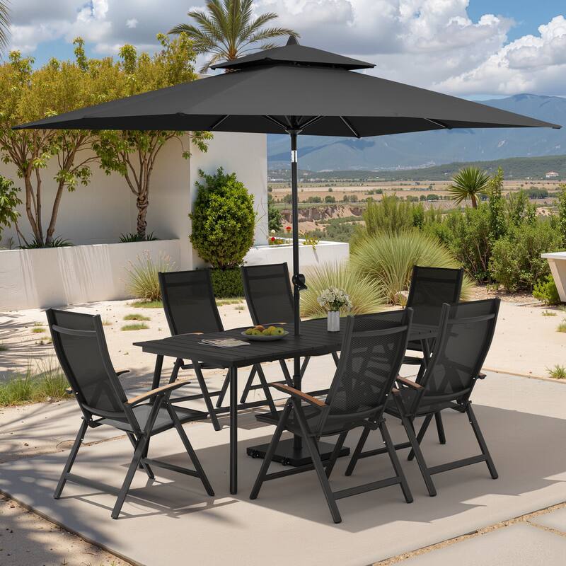 9PC Outdoor Patio Dining Set Aluminum Table with Folding Armchairs w/ Premium Market Umbrella Sets - BlackTable&BlackChairs&BlackUmbrella