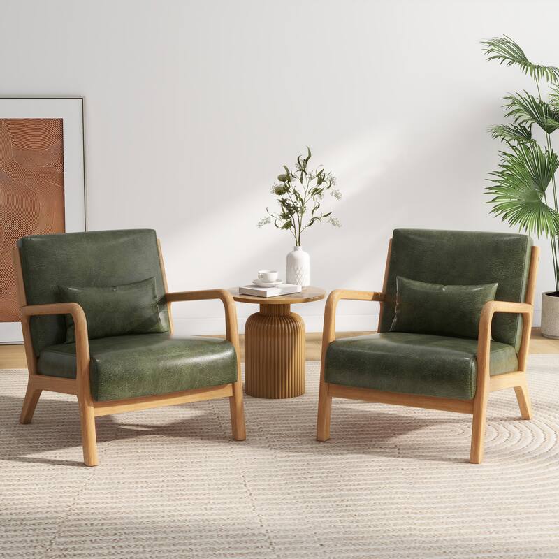 2 Set Mid Century ModernUpholstered Accent Chairs Armchair with Pillow - Natural Wood - Hunter Green & PU & Side Frame