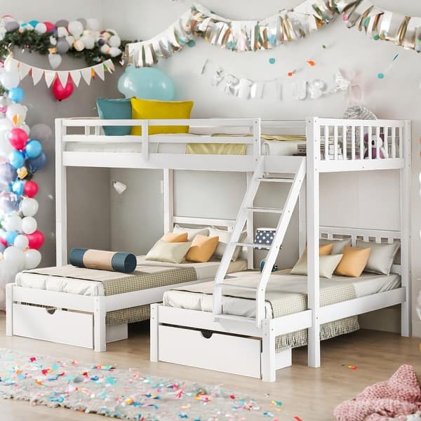 slide 2 of 20, Modern Full Over Twin&Twin Bunk Bed,Wood Triple Bunk Bed With Drawers And Guardrails,Solid Construction White