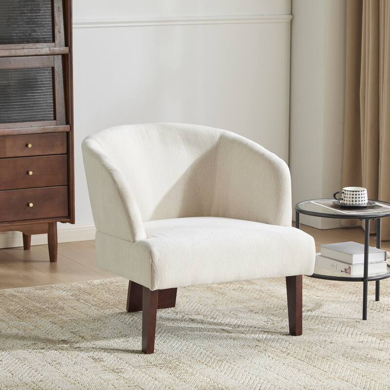 Modern Accent Chair with Round Back & Wooden Legs - Mid-Century Inspired Lounge Chair - Soft Fabric Upholstery