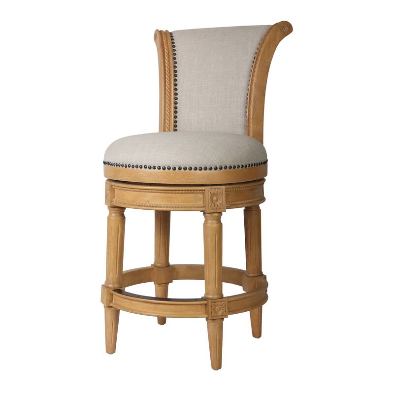 HomeRoots 25" Beige and Natural Fabric and Solid Wood Counter Height Swivel Bar Chair