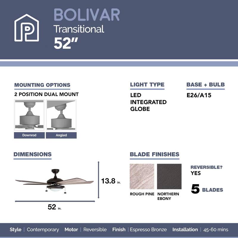 52" Prominence Home Bolivar Farmhouse Ceiling Fan with Light and Pull Chains - 52-inch